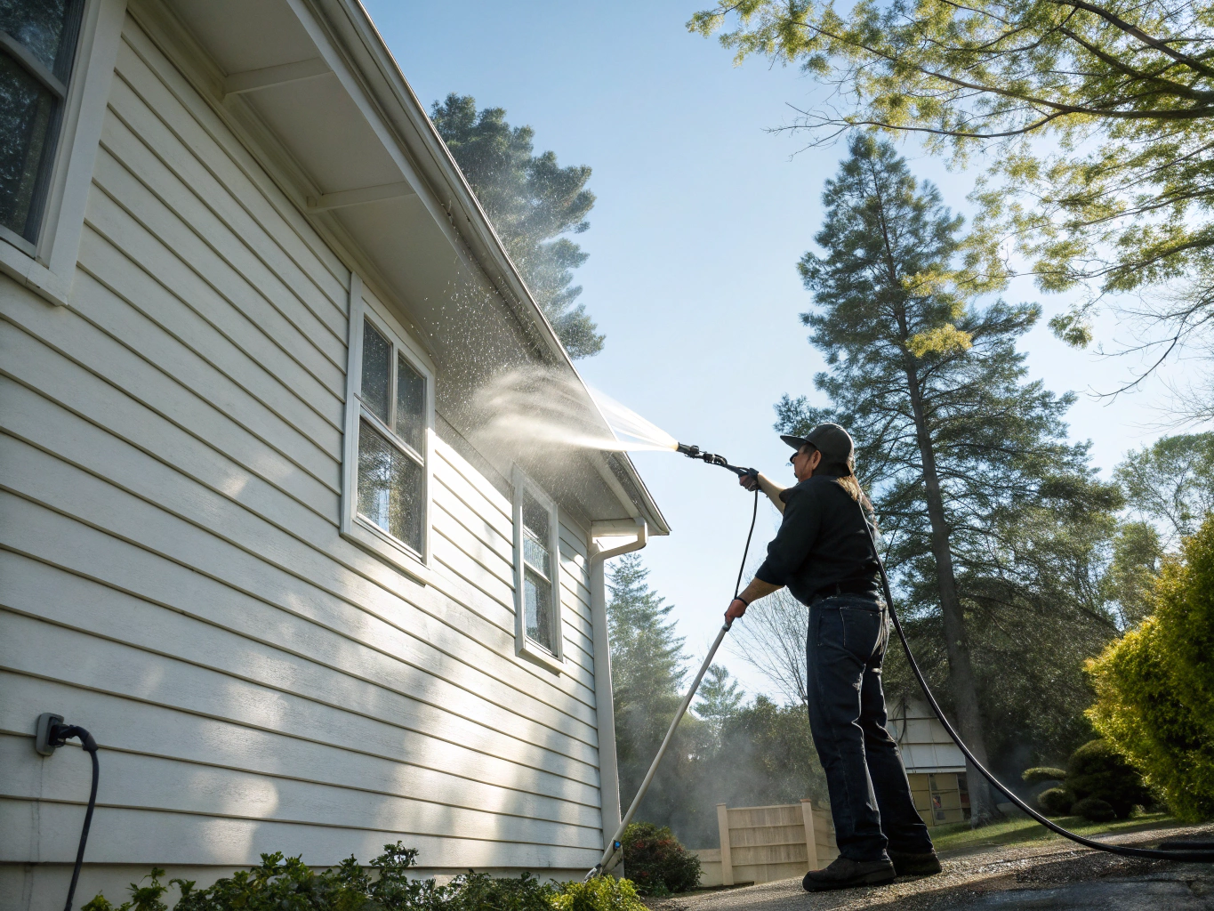 Technician pressure washing exterior surface in St. Cloud
