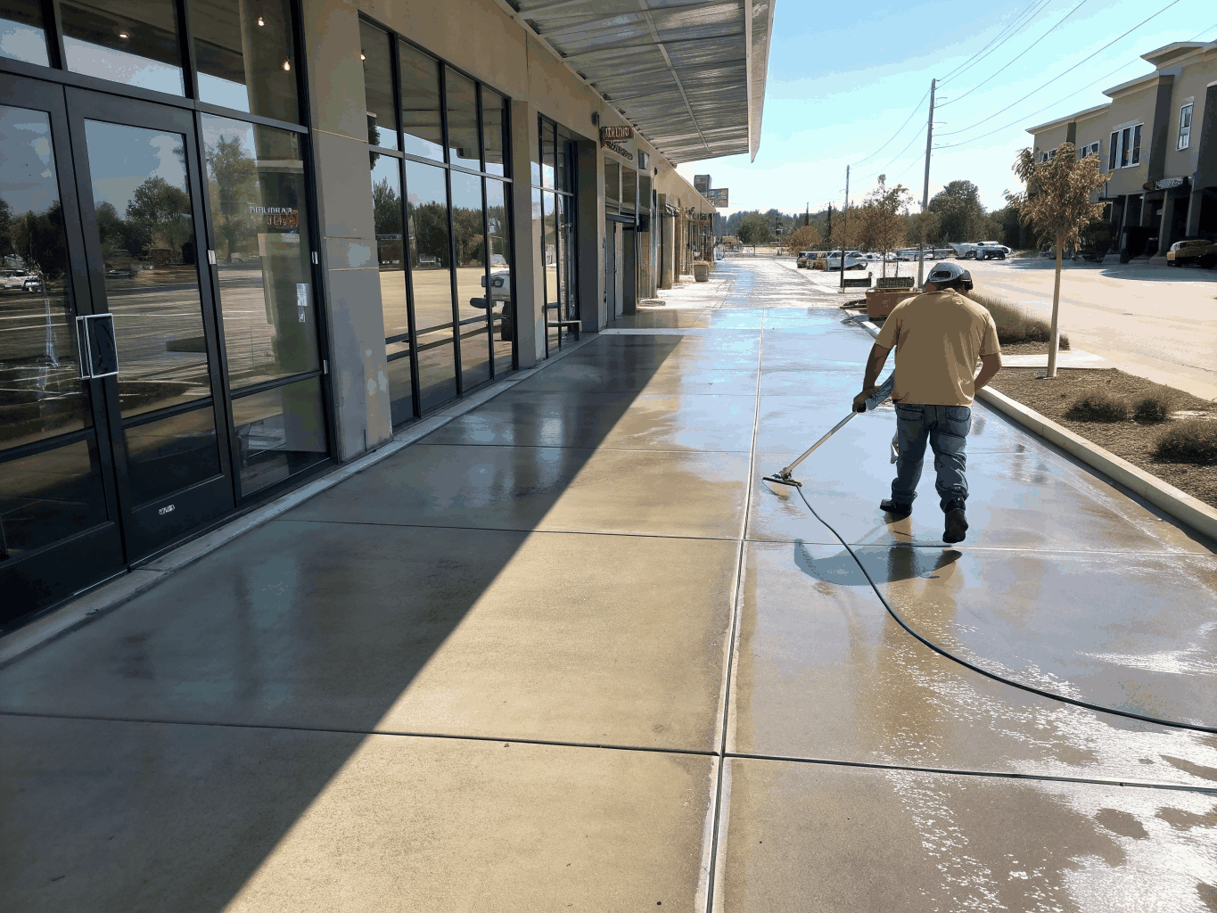 Commercial property walkway being washed with professional equipment