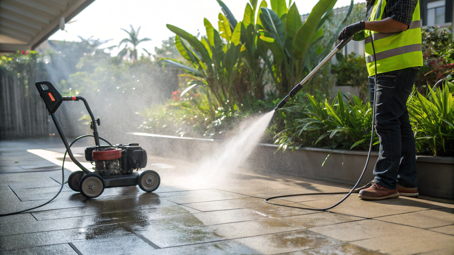 High pressure washing on a concrete driveway