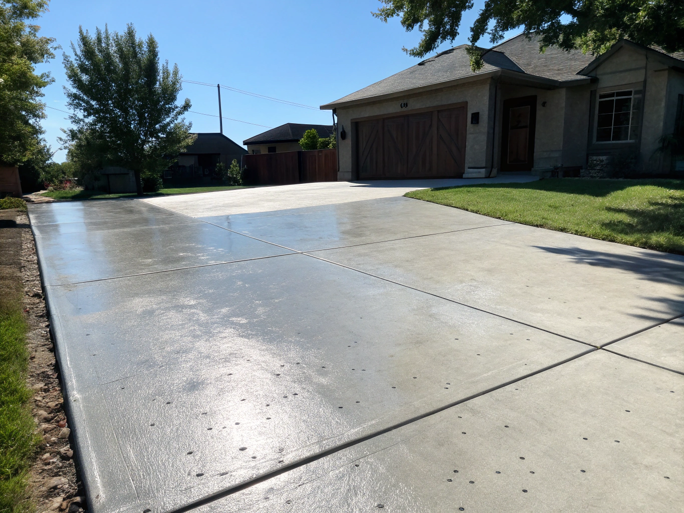 Bright and restored concrete driveway after professional pressure washing