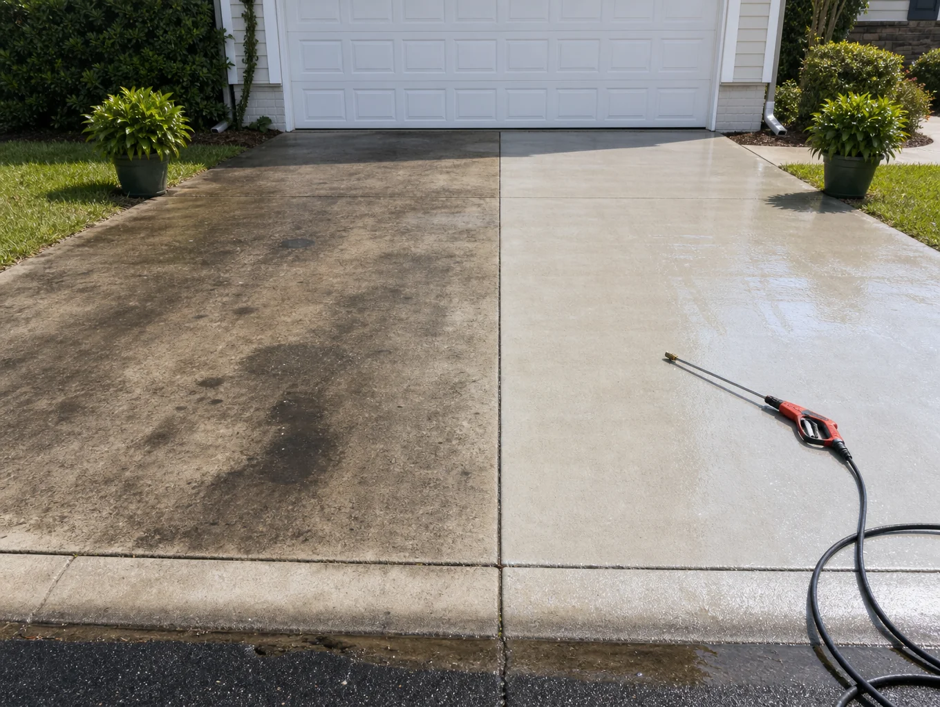 Clean concrete driveway half before and half after washing
