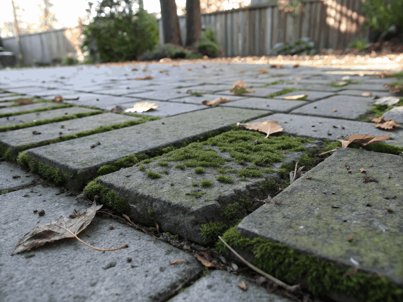 Paver patio surface covered in dark organic buildup before wash