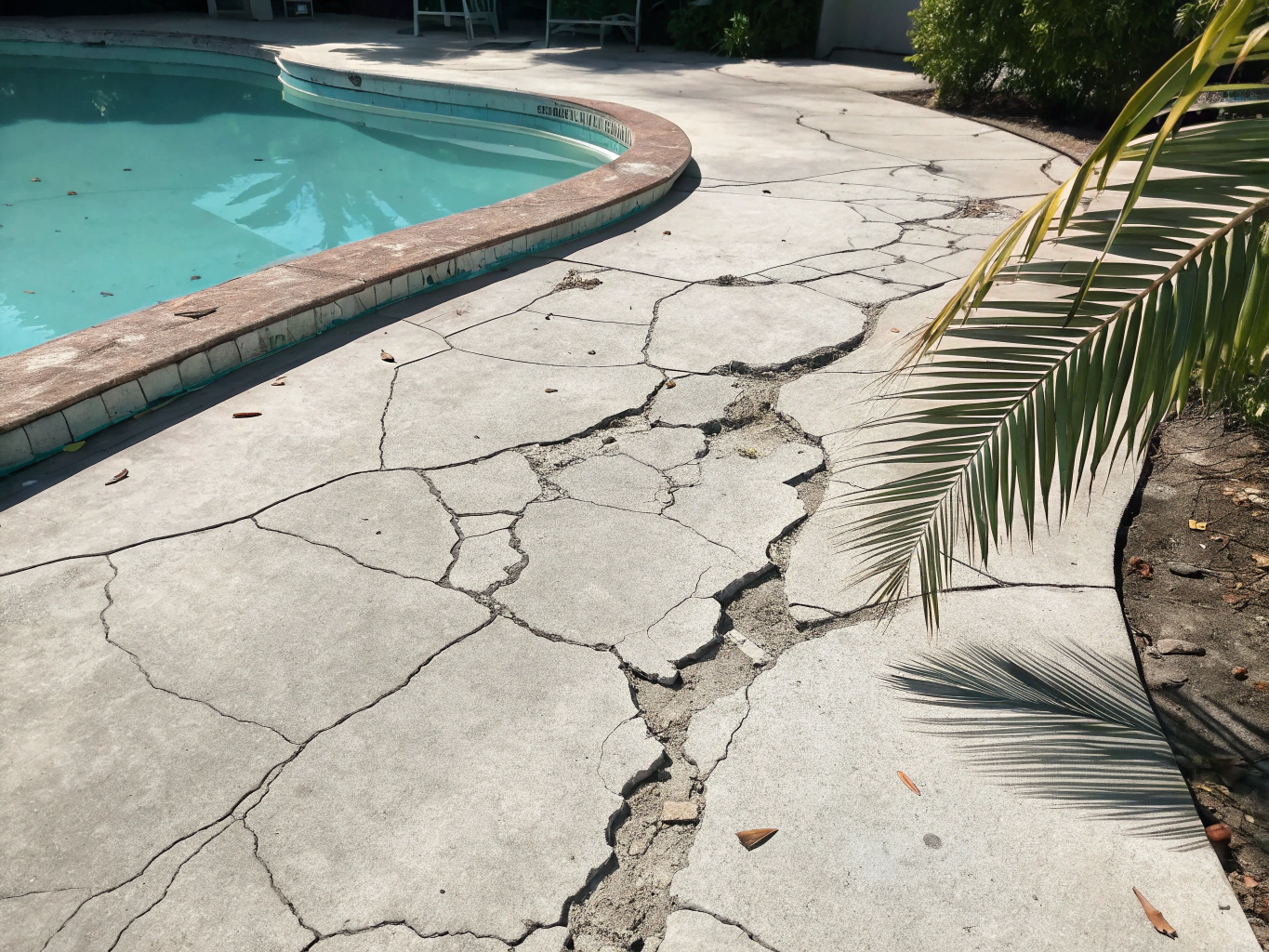 Stained textured pool deck concrete before deep washing