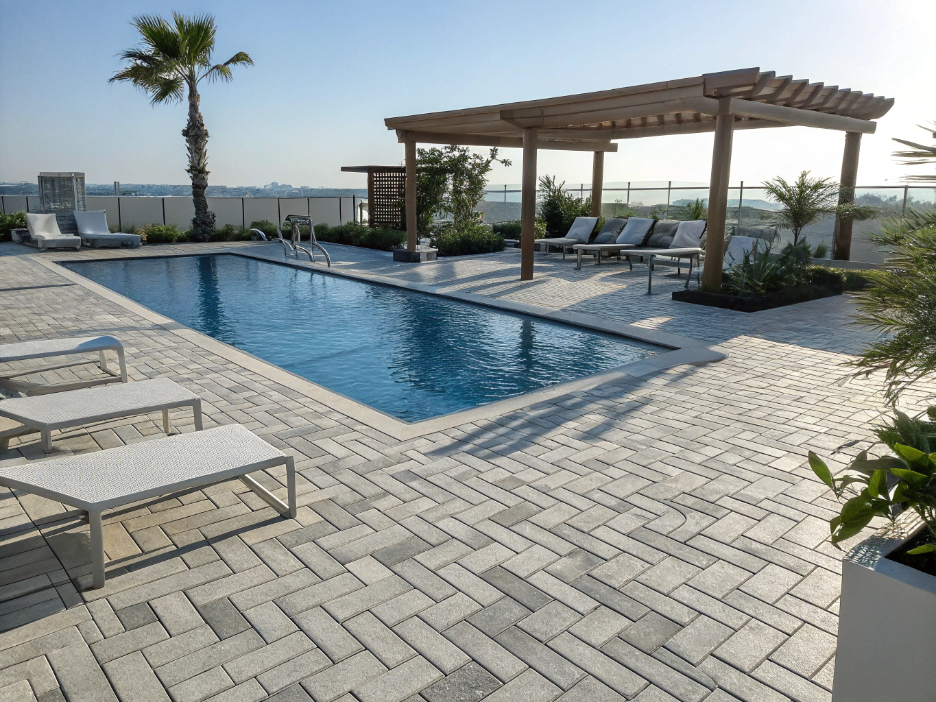 Pressure washing clean pool deck and outdoor patio area