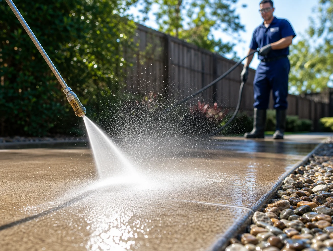 High pressure cleaning on concrete driveway
