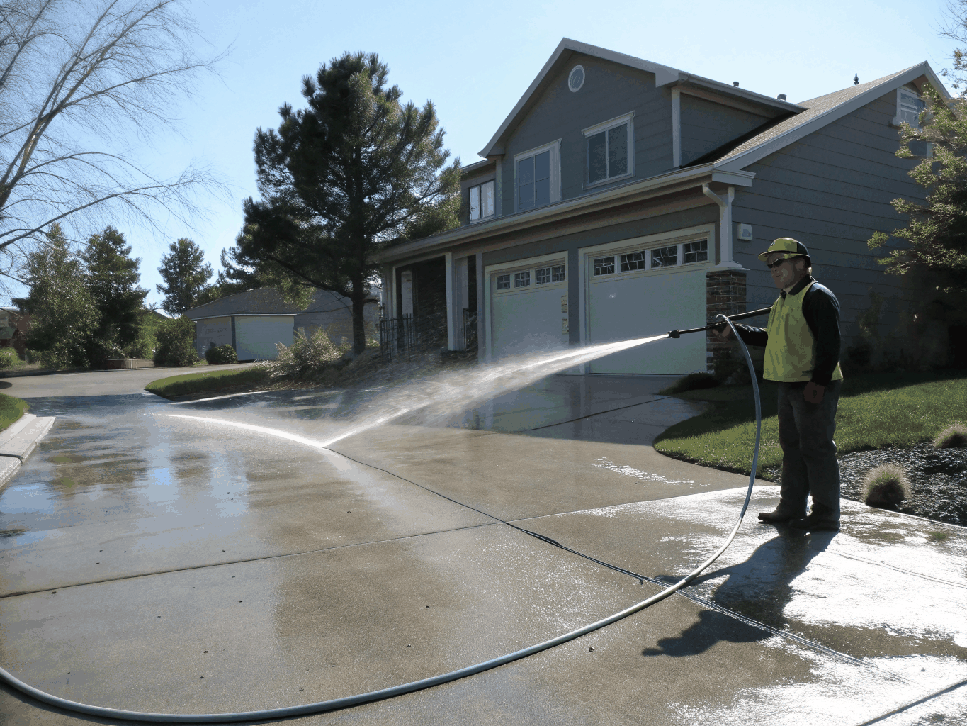 Surface cleaner tool removing dirt from a concrete driveway