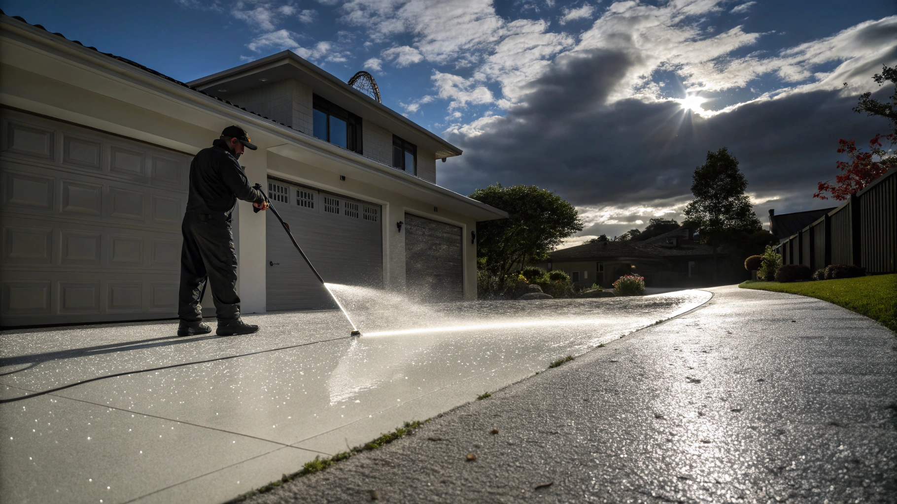 Surface cleaner washing a concrete driveway with controlled pressure
