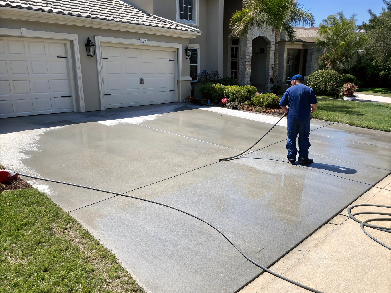 High pressure washing concrete driveway surface