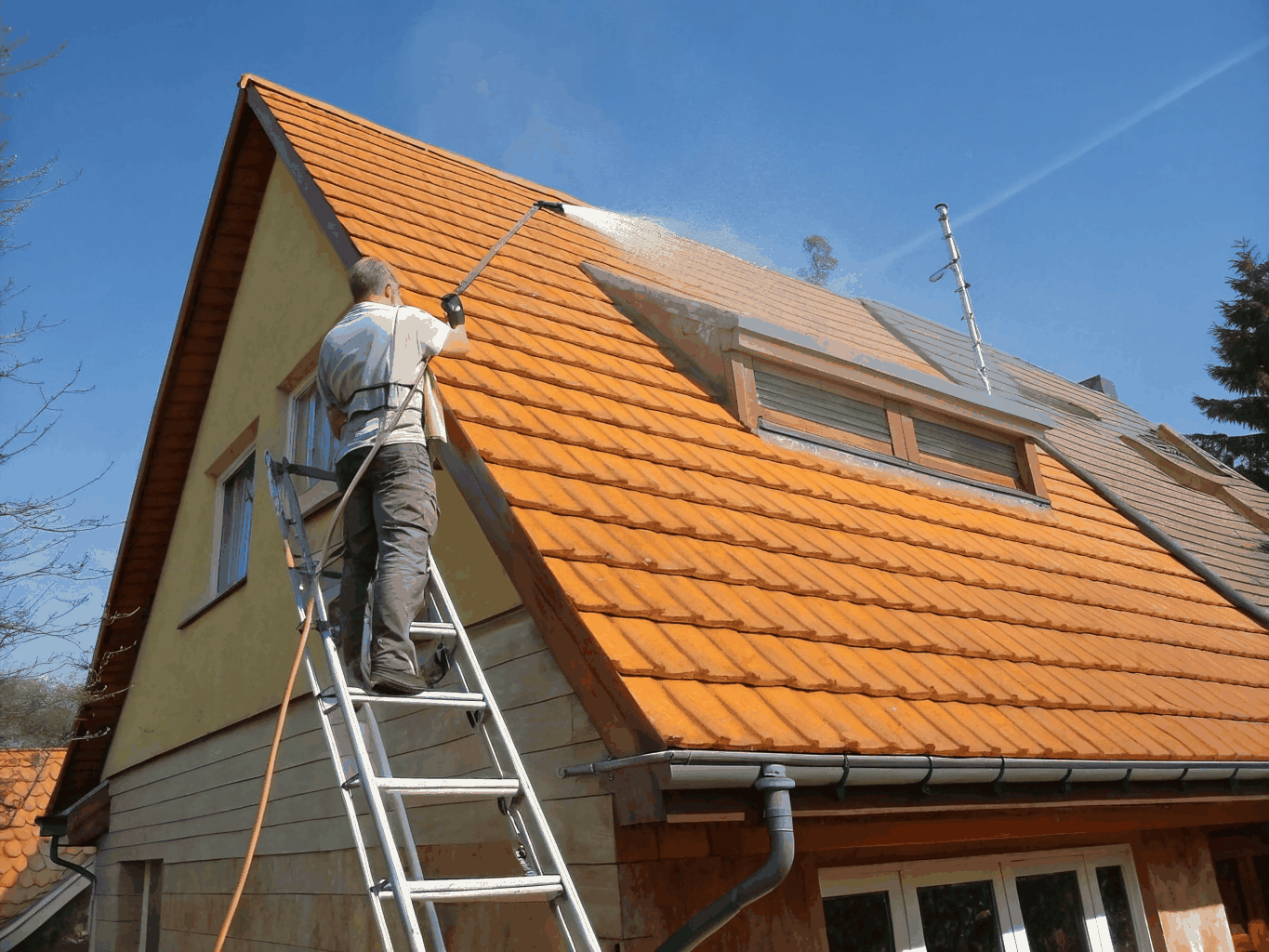 Gentle soft wash cleaning on residential roof tiles