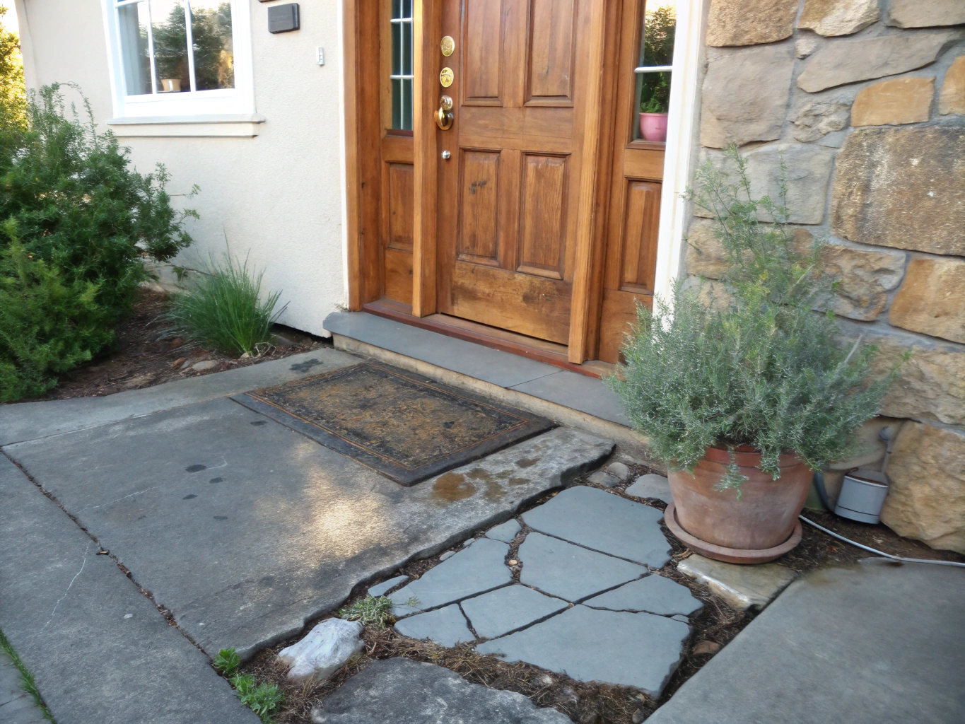 Front walkway entrance with dark mildew before wash