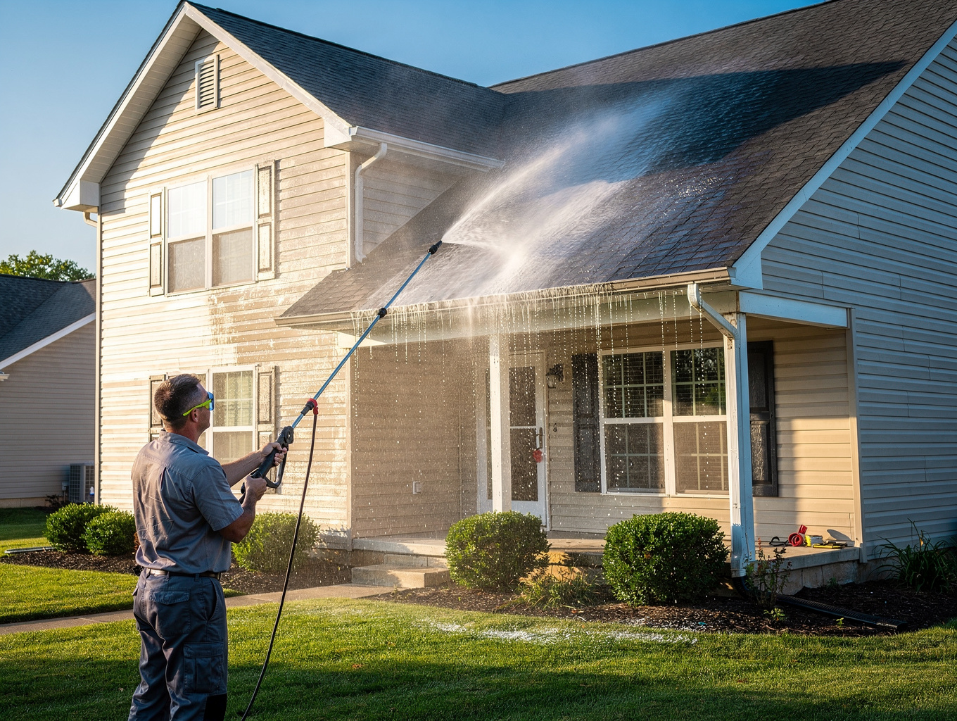 Soft washing roof and siding treatment