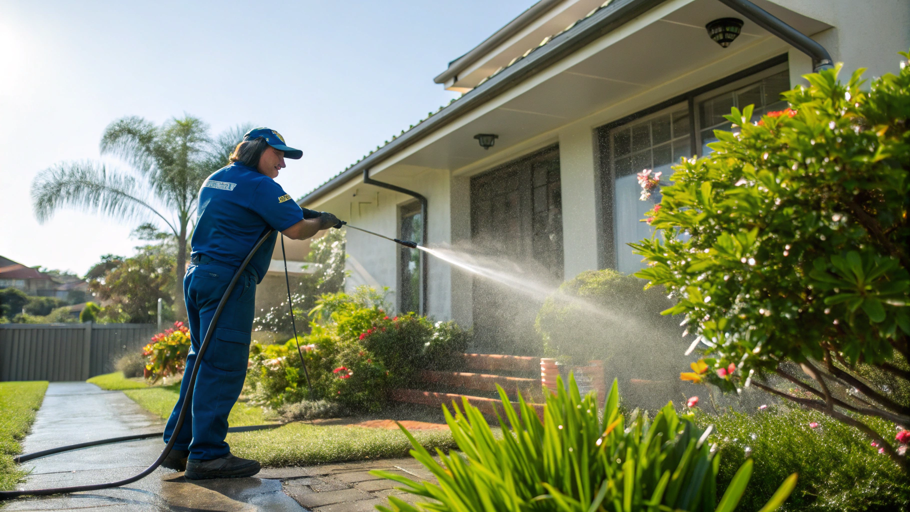 Technician soft washing a home exterior with low pressure