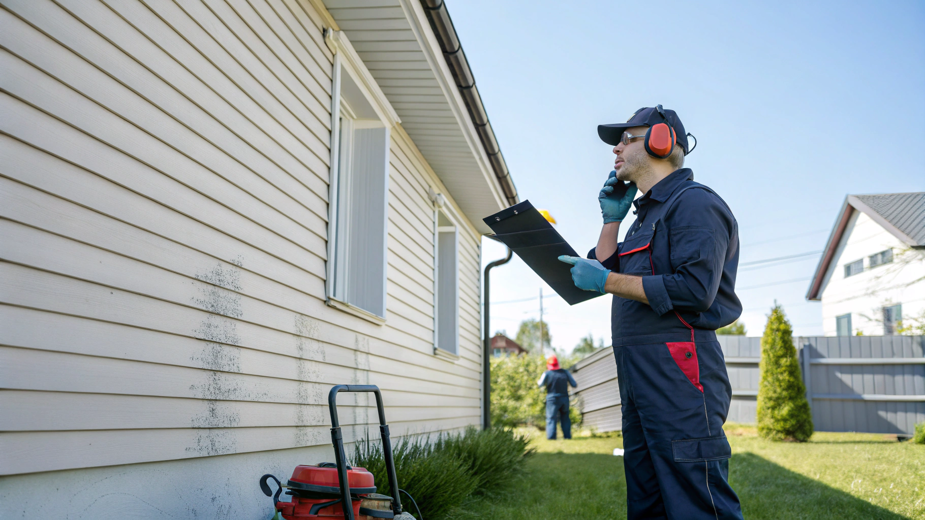 Technician performing gentle soft washing on residential siding and roof